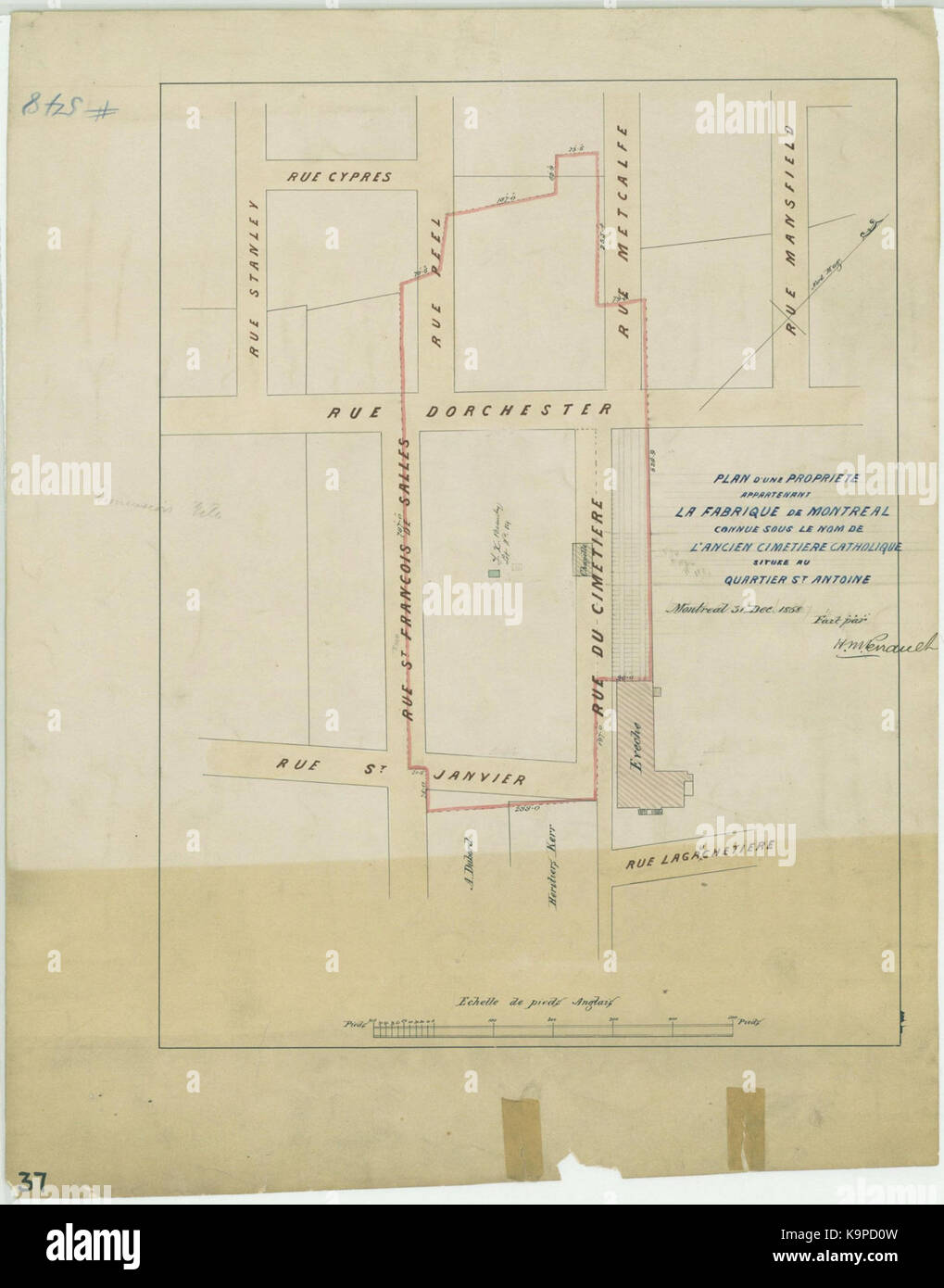 Plan d une propriete, appartenant a la Fabrique de Montreal, connue sous le nom de l ancien cimetiere catholique, situee au quartier St Antoine Stock Photo