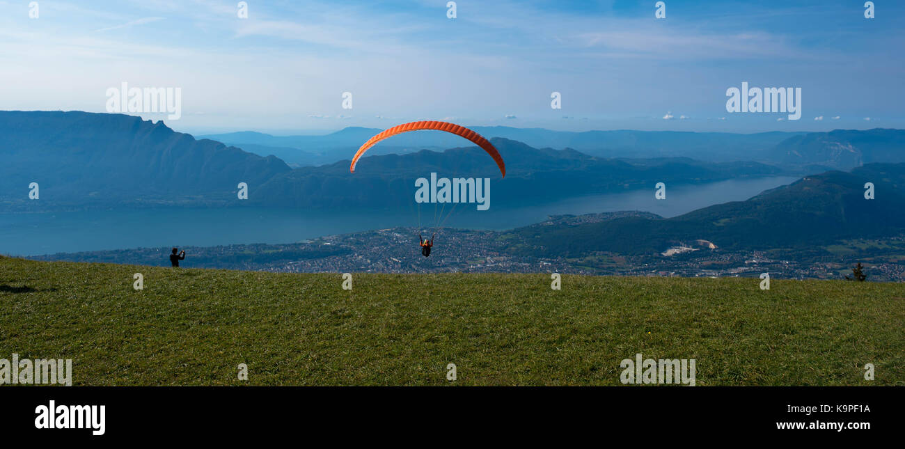 Paraglyding at the Grand Revard in the french alps Stock Photo