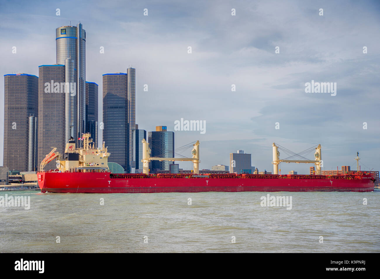 DETROIT, MI APRIL 8, 2017 View of barge navigating the Detroit river
