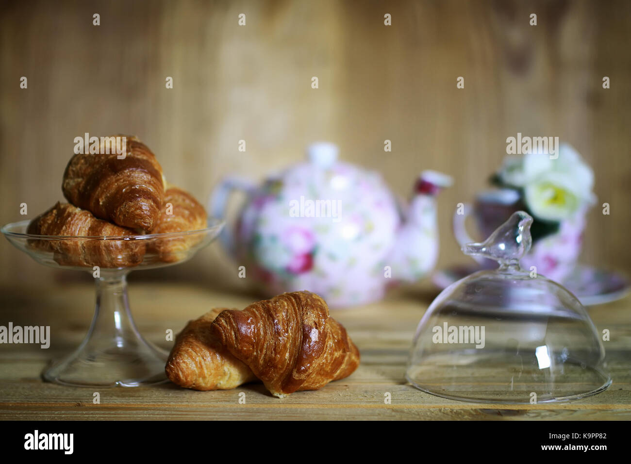 cup croissant breakfast wooden background Stock Photo
