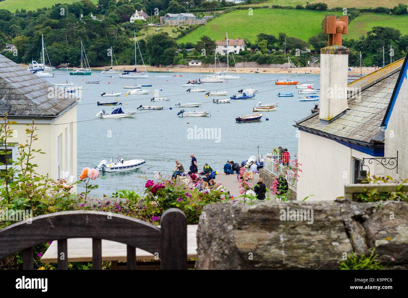 View of Kingsbridge estuary water and boats, Salcombe English seaside resort town, South Devon, England, UK Stock Photo