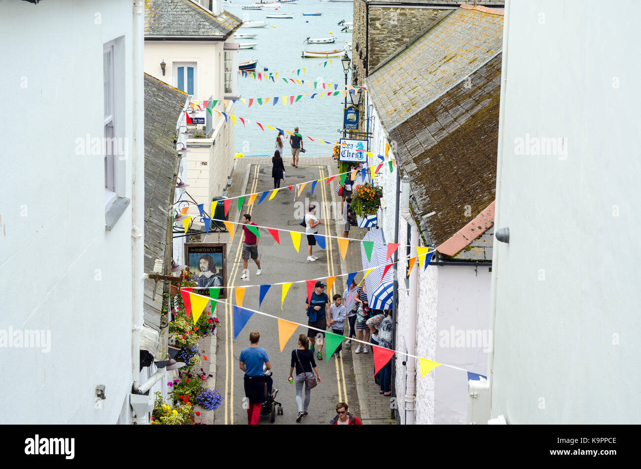 Street bunting traditional street scene, Salcombe English seaside resort town, South Devon, England, UK Stock Photo