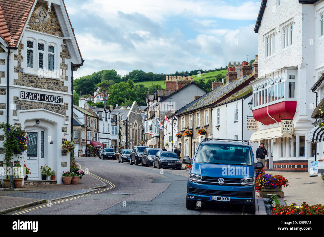 View of houses and shops along Fore Street, Beer, English Seaside Coastal town, East Devon Coast, England, UK Stock Photo
