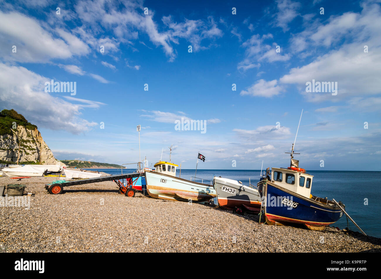 Fishing boats on beach in Beer, English Seaside Coastal town, East Devon Coast, England, UK Stock Photo