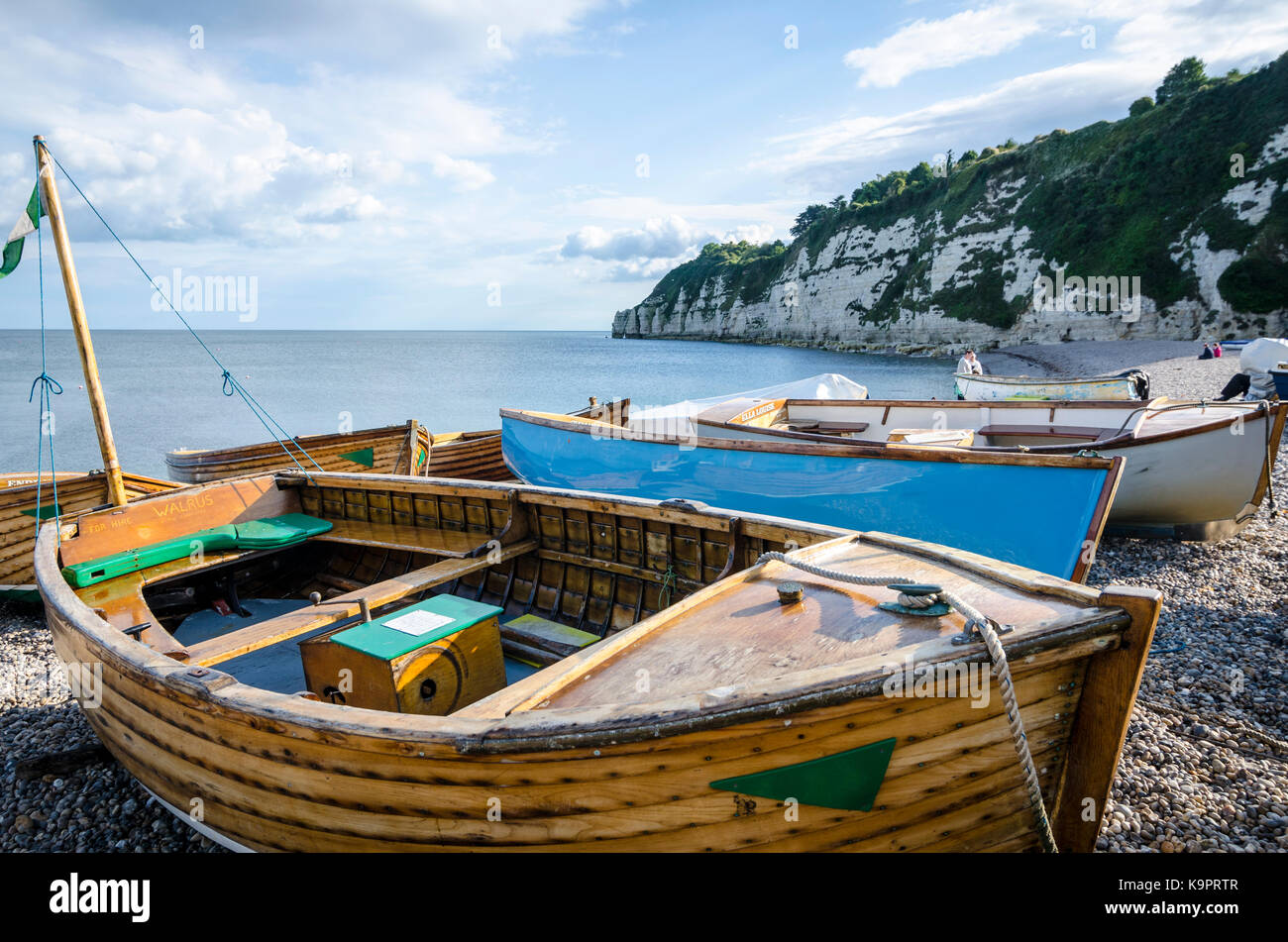 Fishing boats on beach in Beer, English Seaside Coastal town, East Devon Coast, England, UK Stock Photo