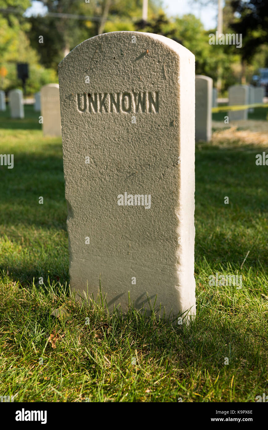 Head stone of unknown confederate soldier located at johnsons island civil war cemetery. Photo taken 09/10/2017 Stock Photo