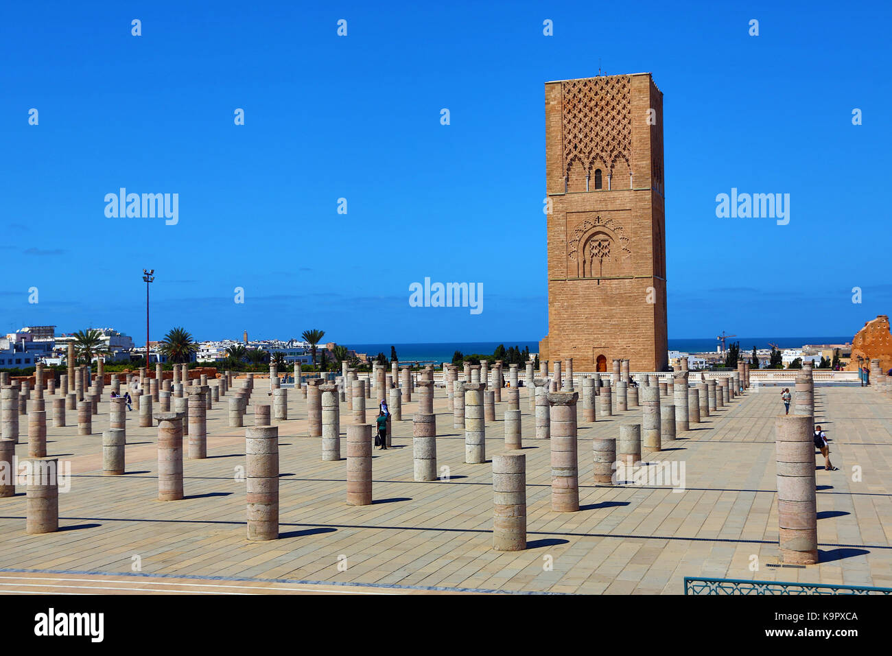 The unfinished Hassan Tower in Rabat, Morocco is an unfinished minaret of the mosque begun by Sultan Yaqub al-Mansur in the 12th entury but never fini Stock Photo