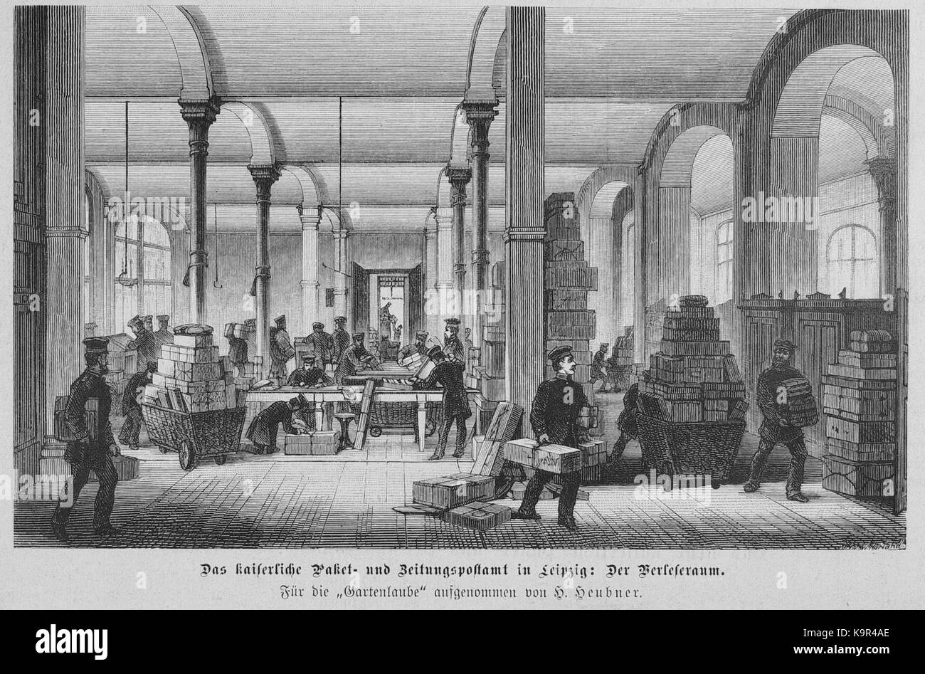 Paket  und Zeitunspostamt Leipzig Paketsortier  bzw. Verlesesaal (Die Gartenlaube (1881), S. 412) Stock Photo