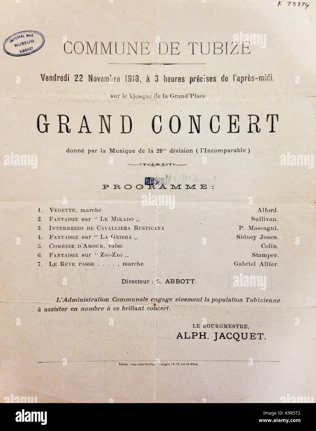 Programme of a Grand Concert by the 29th Division Stock Photo