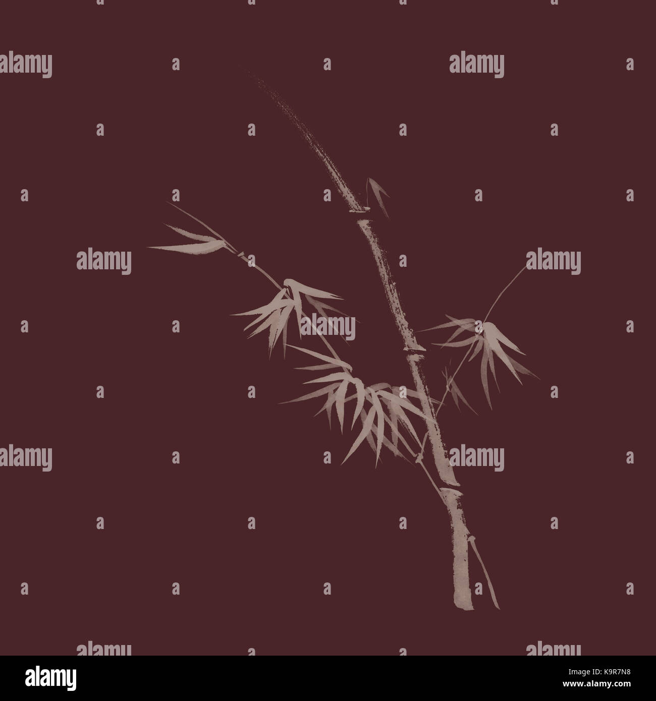 Exquisite artistic design in oriental Japanese Zen ink painting style of bamboo stalk with young leaves, illustration on dark red burgundy background Stock Photo