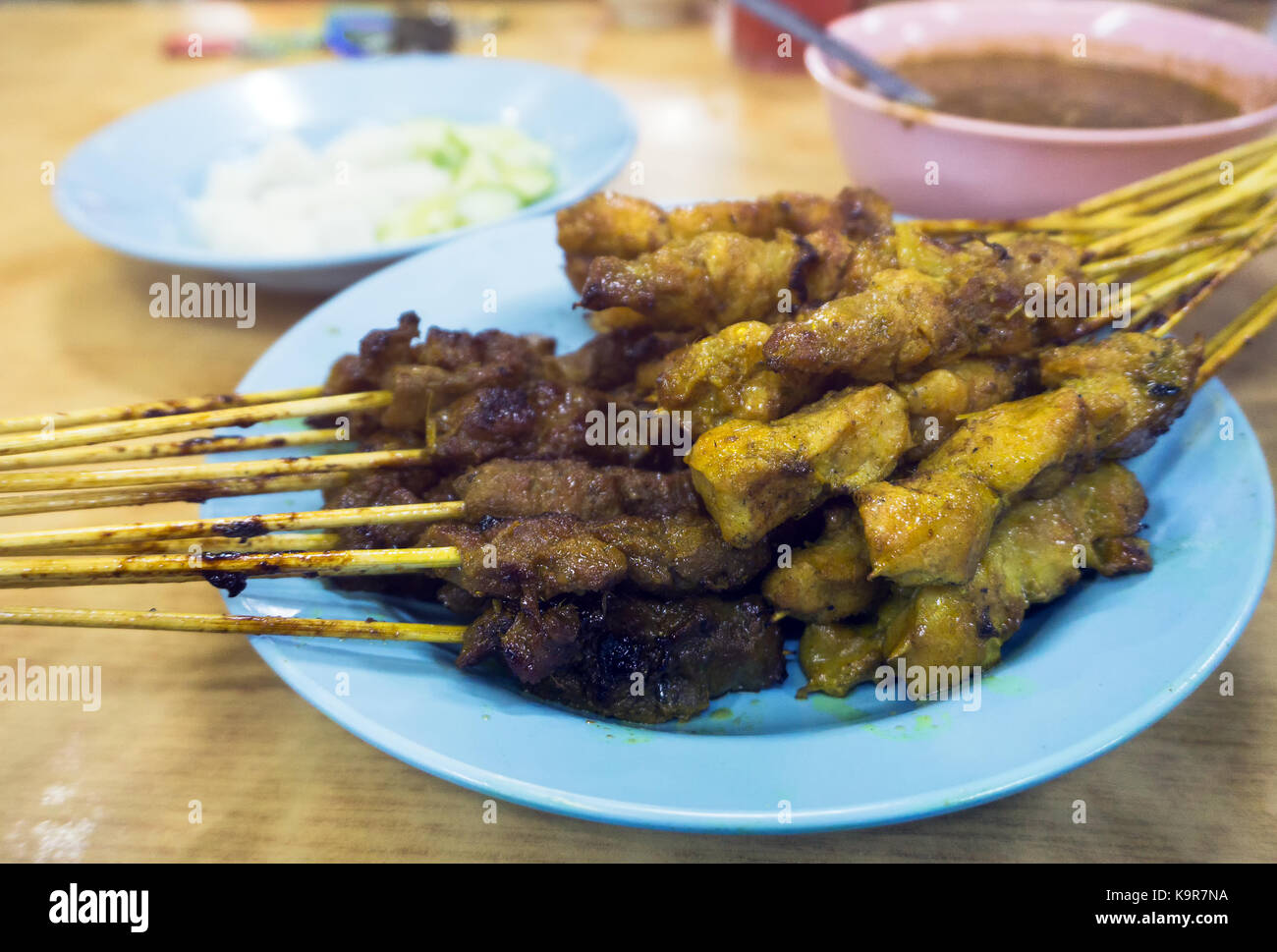 Chicken and beef sate or satay, famous Malaysian Food. Stock Photo