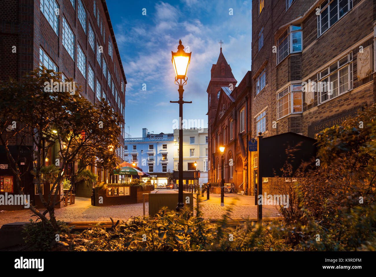 Night falls in Brighton city centre, East Sussex, England. Stock Photo