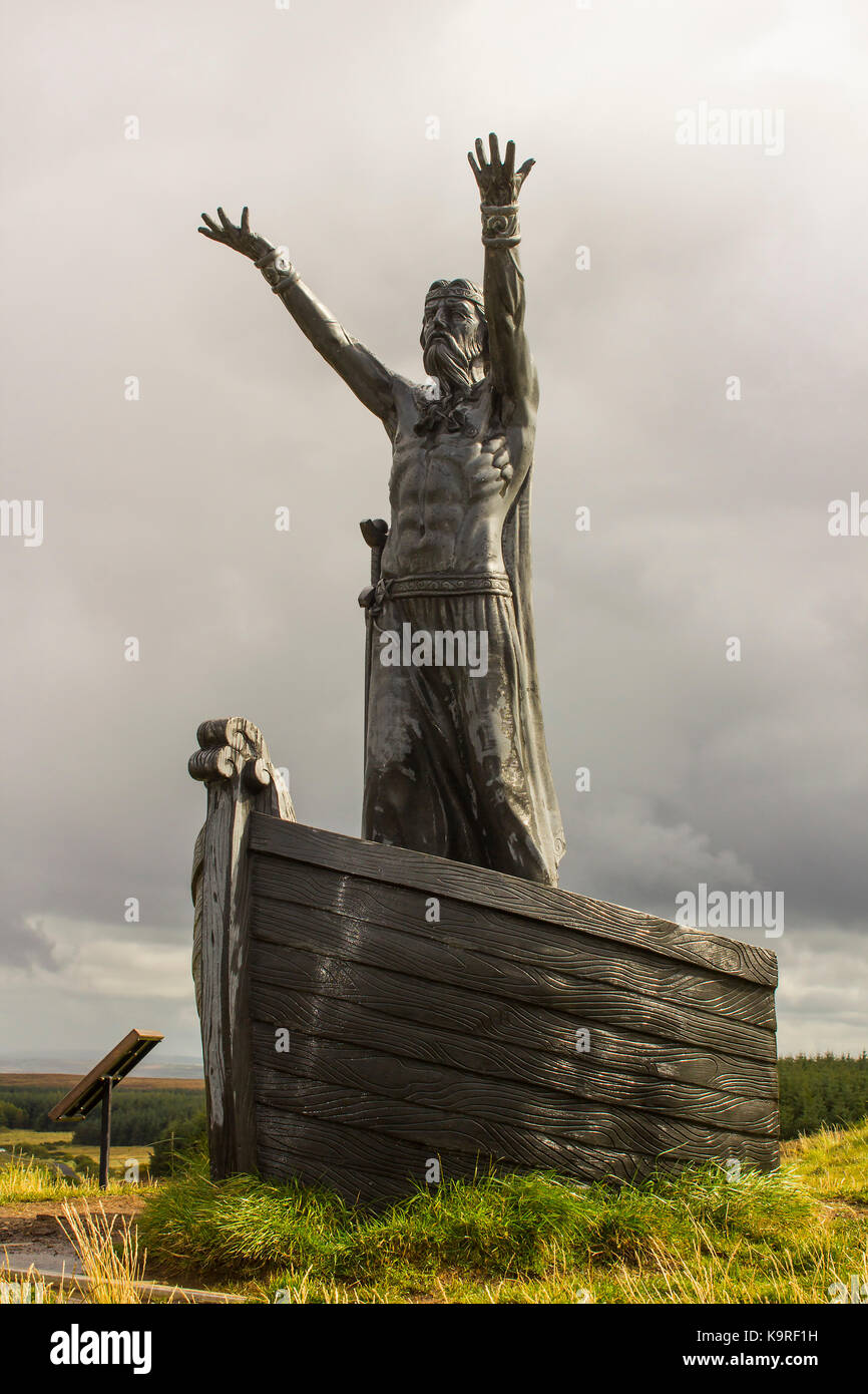 The statue of the Celtic Sea God Manannán Mac Lir at the Gortmore View Point on Binvenagh Mountain near Limavady in Northern Ireland. Stock Photo