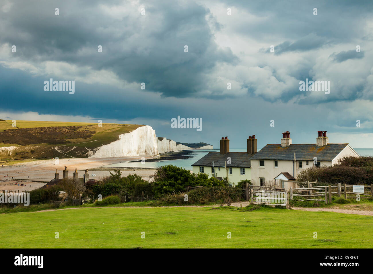 Last moments of summer at Coastguard Cottages, East Sussex, England. Seven Sisters cliffs in the distance. Stock Photo