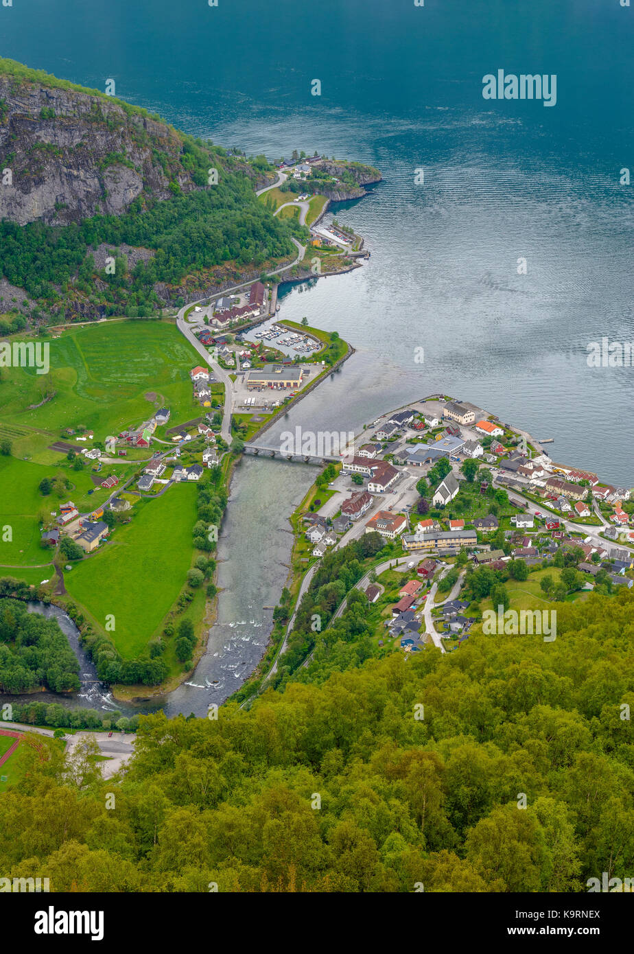 Aurland Village and Aurlandsfjord seen from Stegastein Overlook, The West Norwegian Fjords, Norway Stock Photo