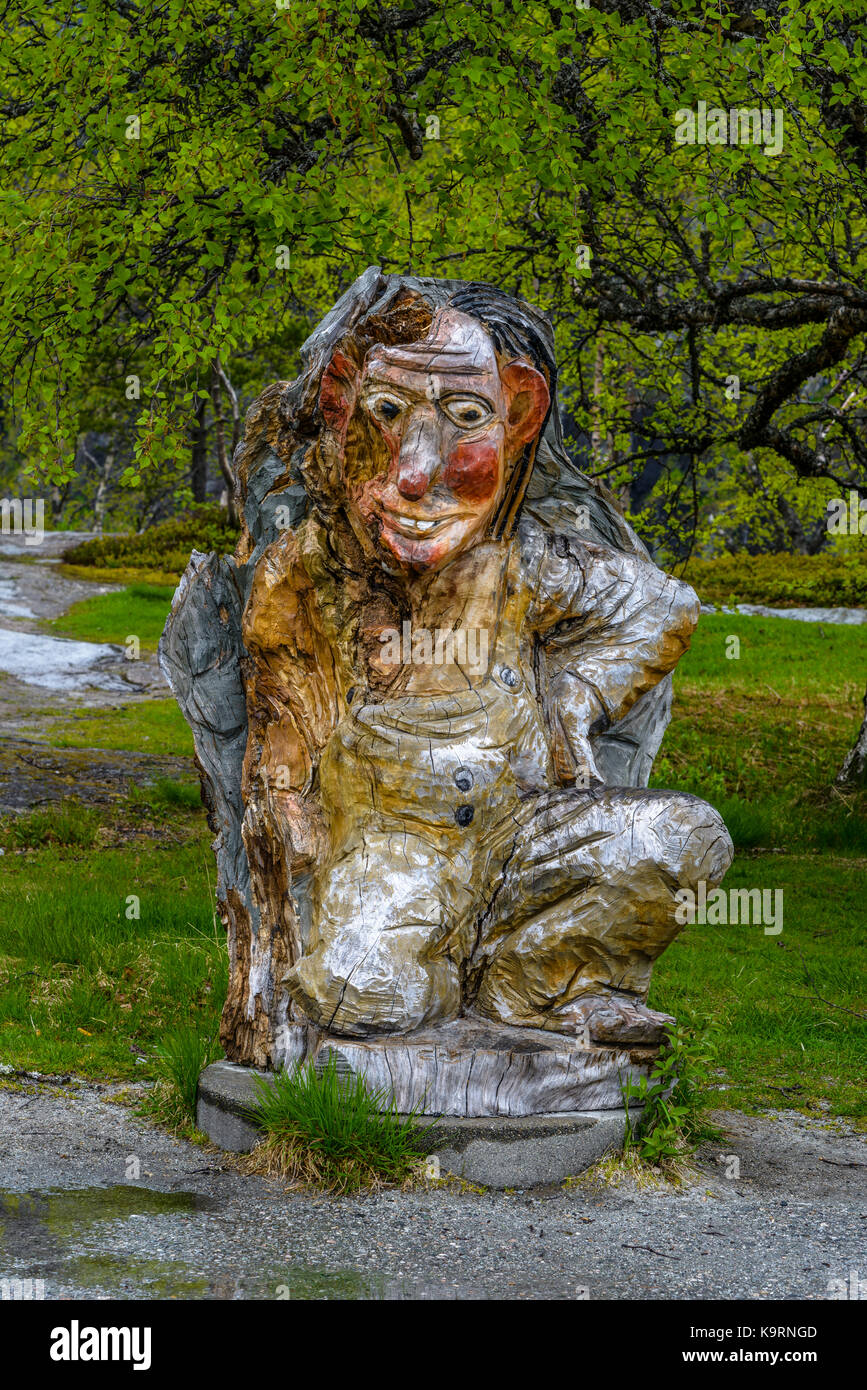 VORINGFOSSEN, NORWAY - May 28, 2016, Wooden troll sculpture near the Voringfossen waterfall in Norway Stock Photo