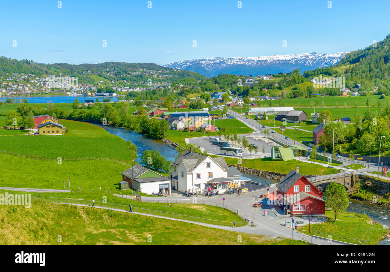 Kvam, Norway - May 29, 2016, Splendid summer view with popular waterfall Steinsdalsfossen on the Fosselva River. Stock Photo