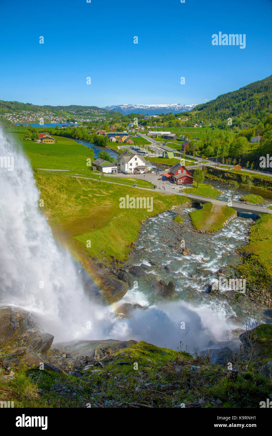 Kvam, Norway - May 29, 2016, Splendid summer view with popular waterfall Steinsdalsfossen on the Fosselva River. Stock Photo
