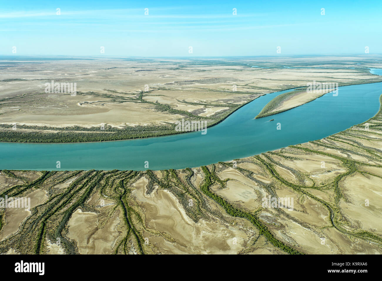Aerial view of Albert River and surrounding salt flats during the dry