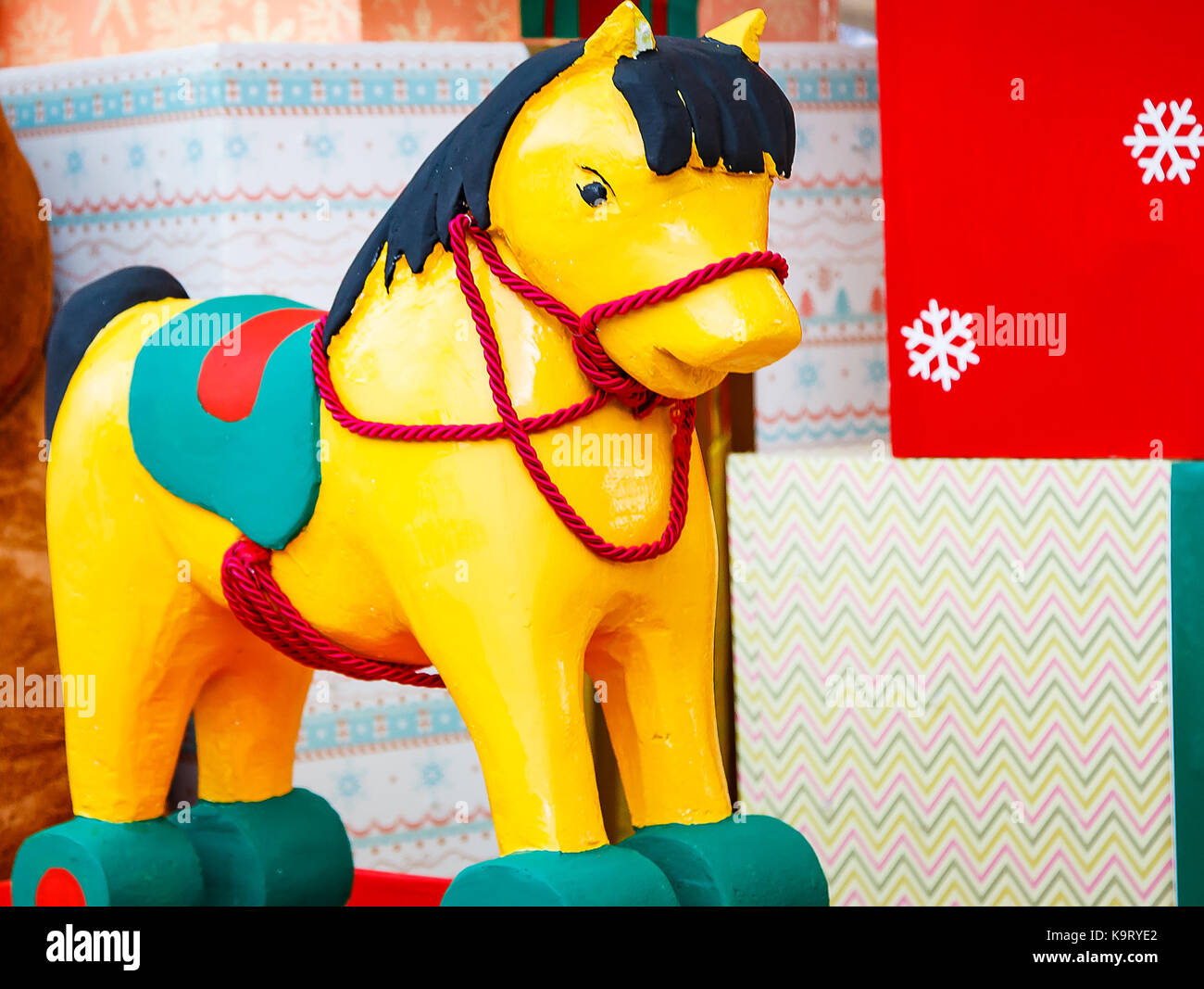 A giant wooden horse Christmas decoration Stock Photo Alamy