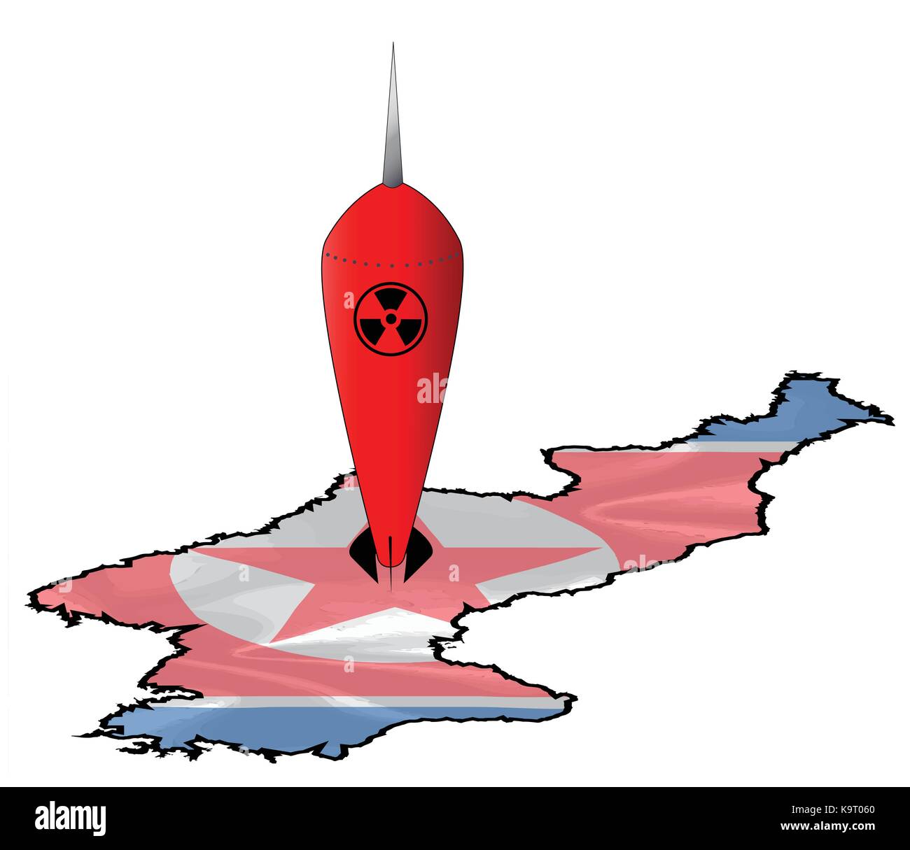 The flag of North Korea with silk effect as a map cutout with hydrogen bomb rocket Stock Vector