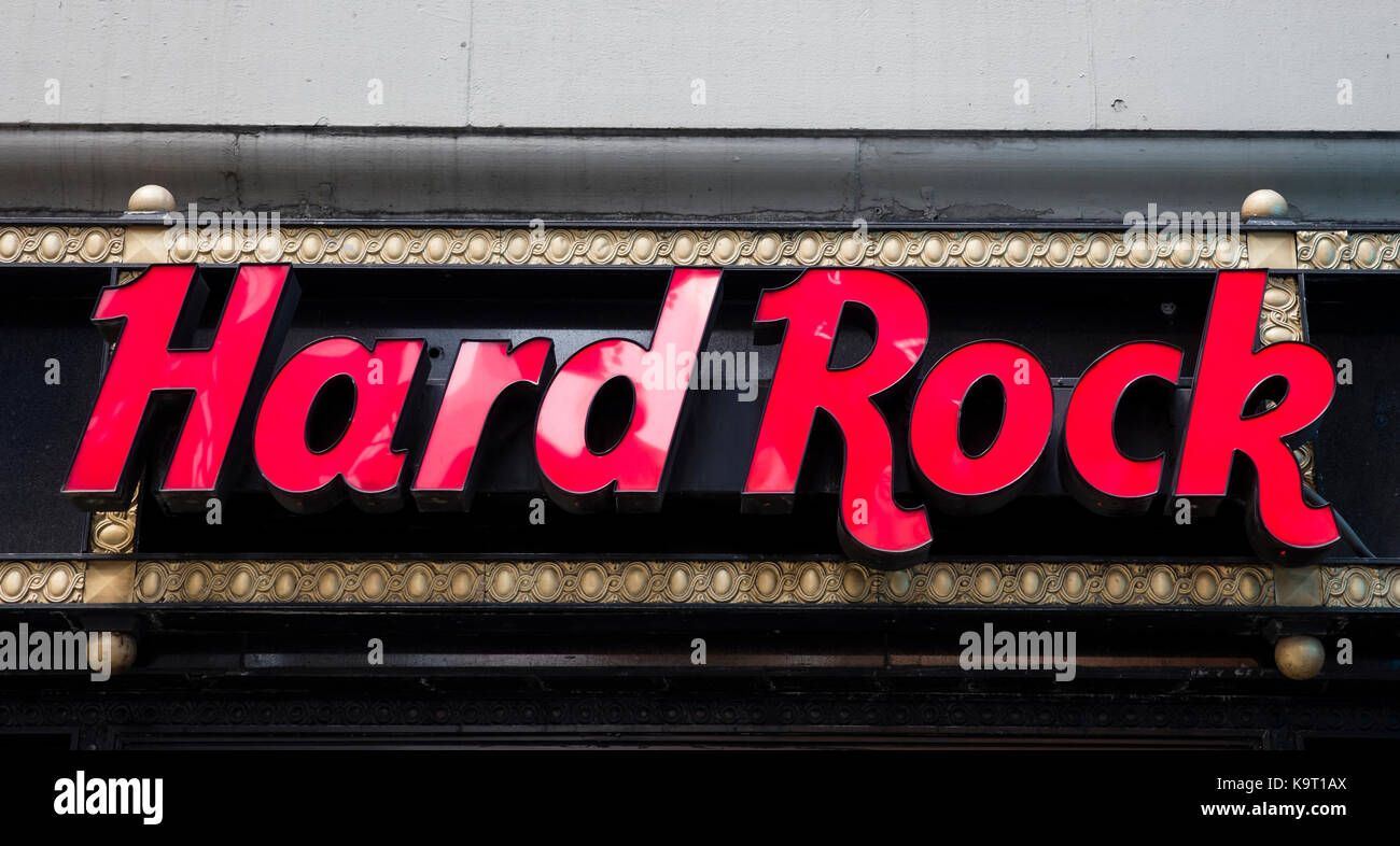 NEW YORK, USA - AUGUST 31, 2017: Detail from Hard Rock restaurant in New York, USA. It is a chain of theme restaurants founded at 1971 in London. Stock Photo
