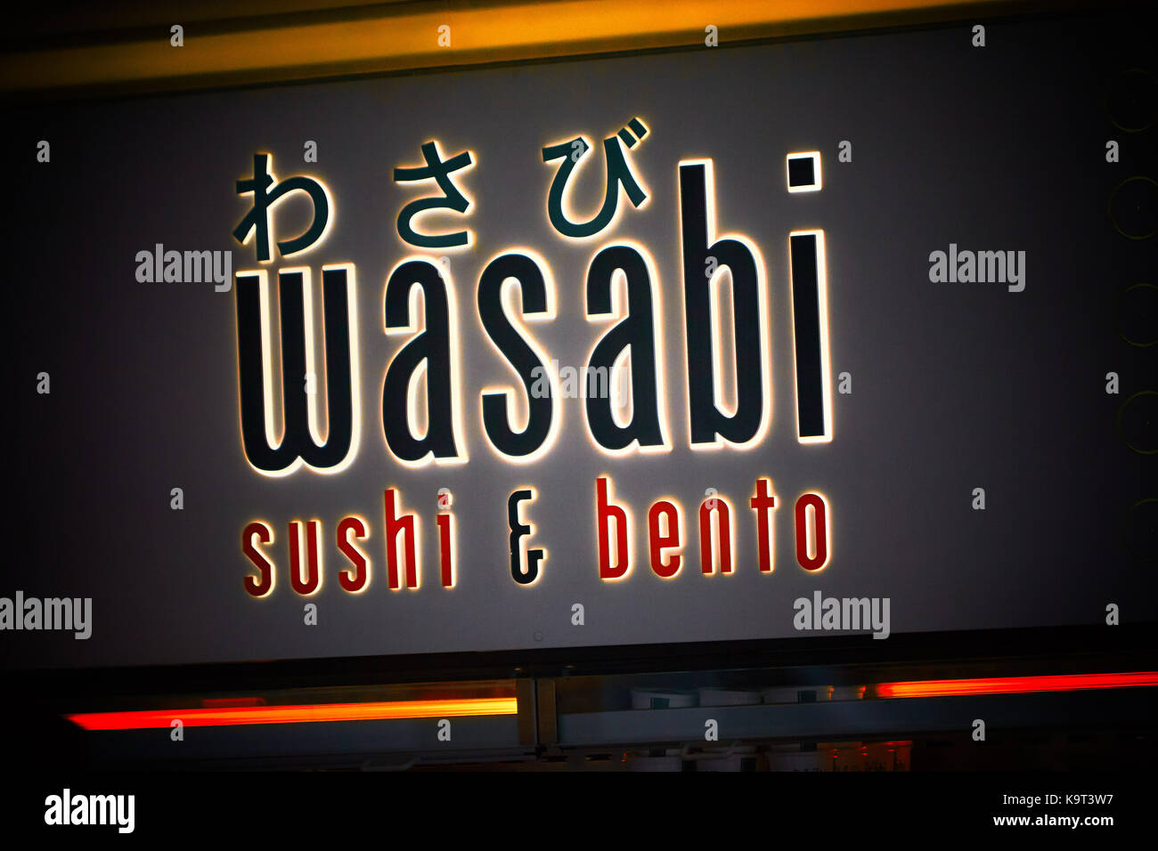 Sign outside a sushi and bento restaurant called Wasabi Stock Photo Alamy