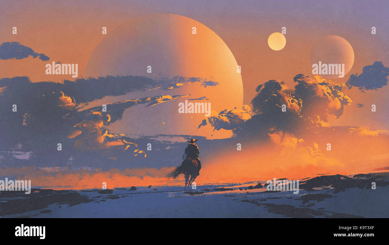 cowboy riding a horse against sunset sky with planets background, digital art style, illustration painting Stock Photo