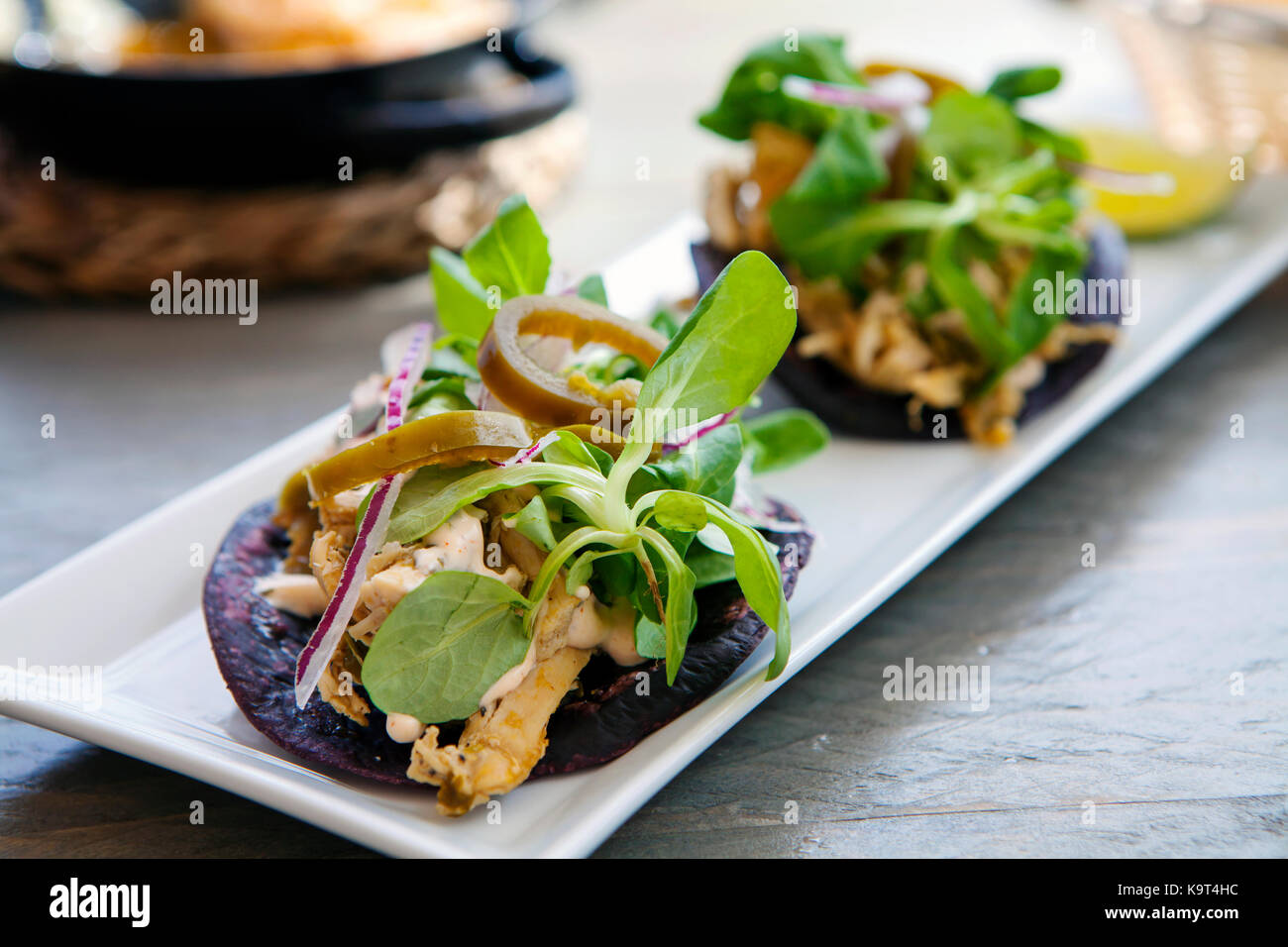 Blue tacos with chicken, lamb lettuce, red onions and jalapeno peppers Stock Photo