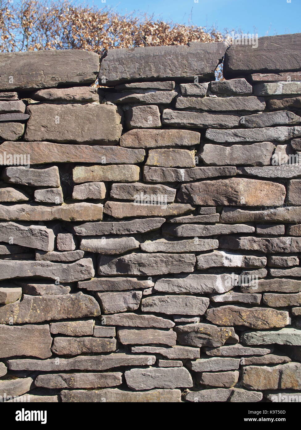 Detail of dry stone wall in Wales made from Old Red Sandstone Stock Photo