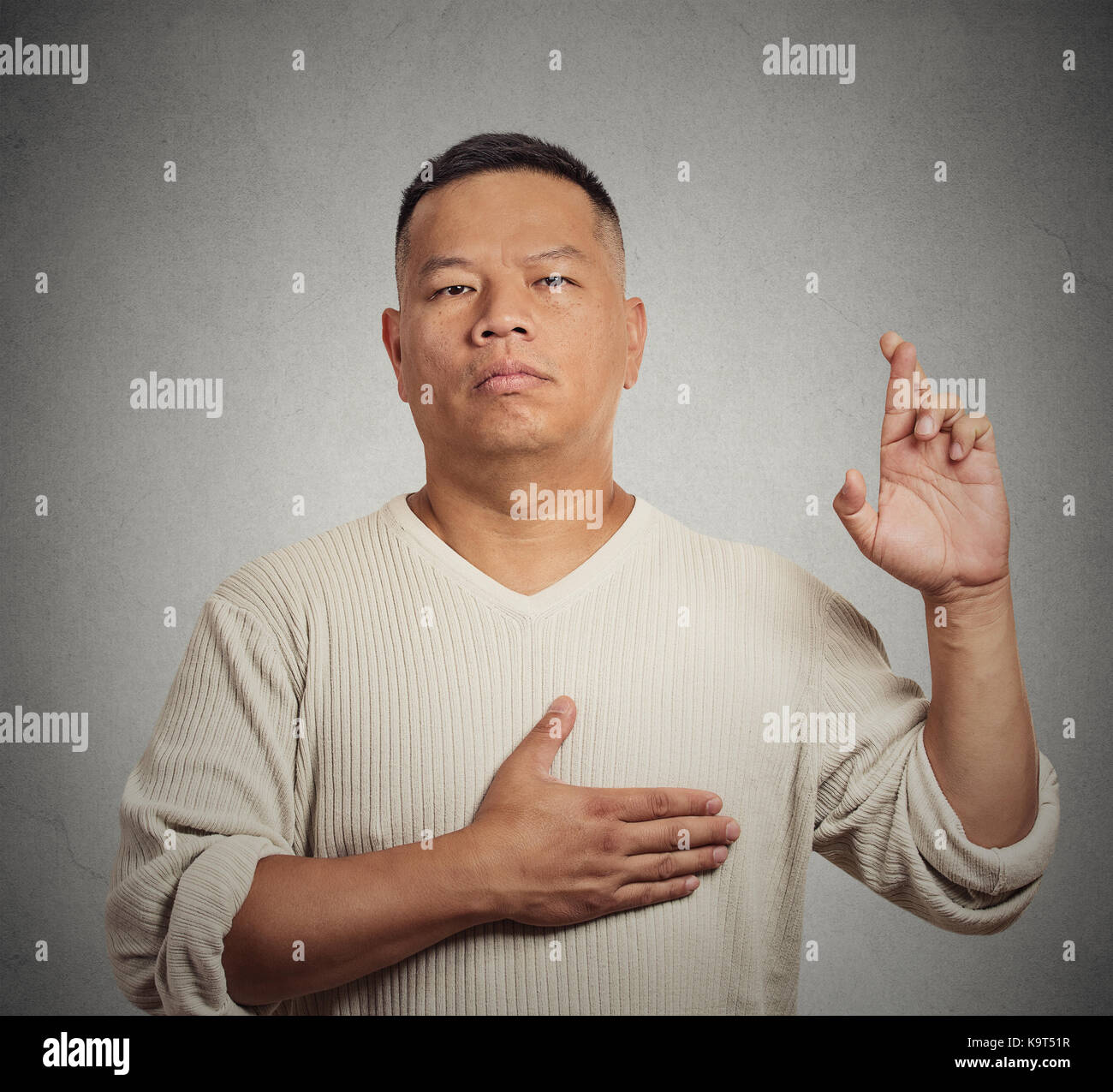 Closeup portrait serious man, employee middle aged guy, crossing