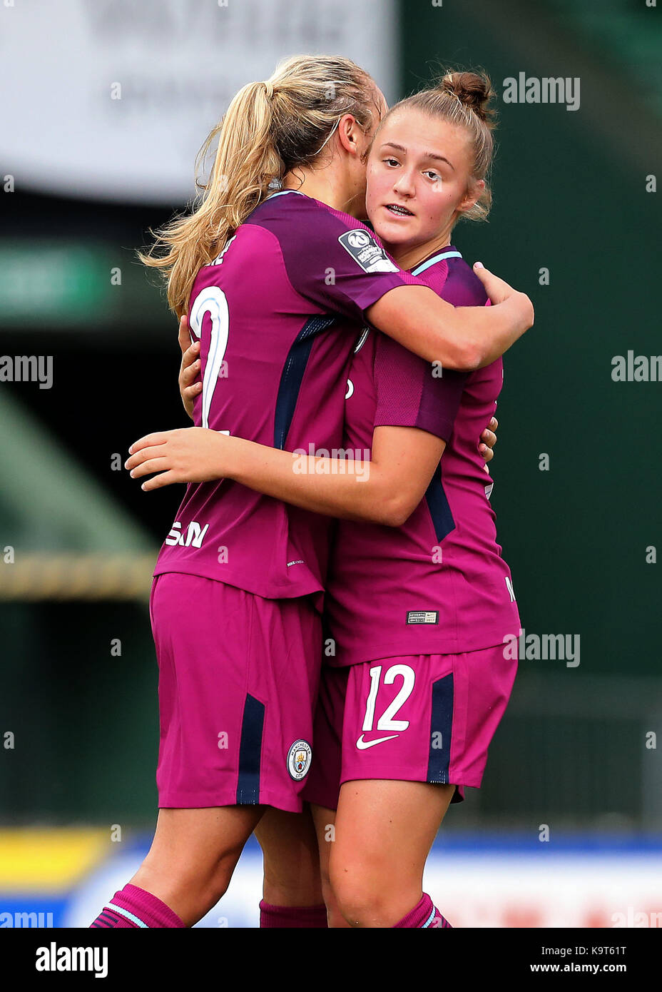 Manchester City's Geogria Stanway (right) celebrates scoring her sides fourth goal with Manchester City's Claire Emslie during the FA Women's Super League at Huish Park, Yeovil. Stock Photo