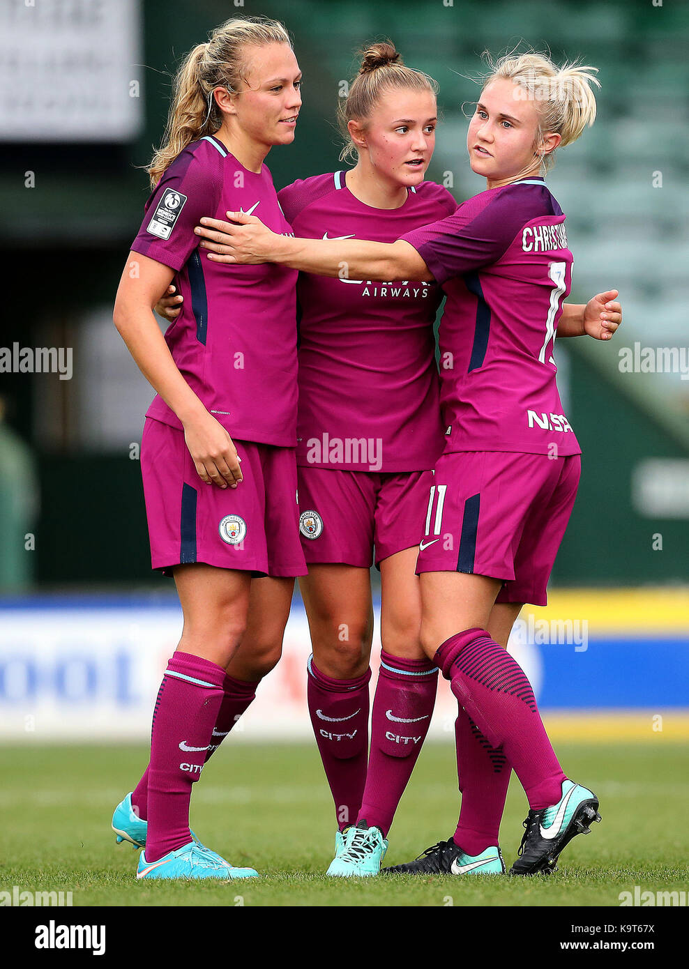 Manchester City's Geogria Stanway (centre) celebrates scoring her sides fourth goal with Claire Emslie and Isobel Christiansen during the FA Women's Super League at Huish Park, Yeovil. Stock Photo