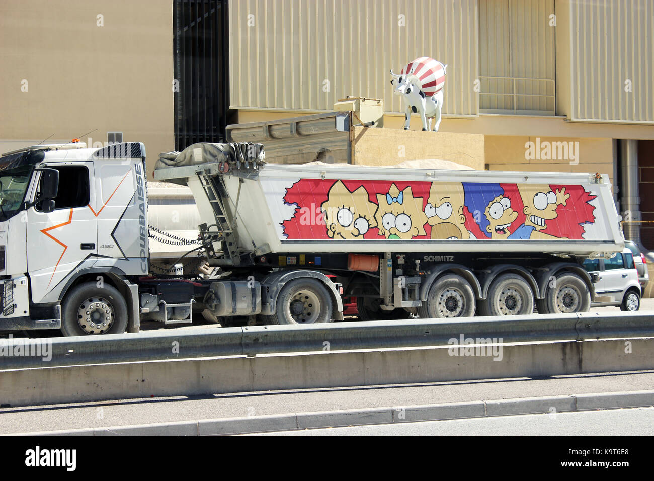 Fontvieille, Monaco - September 18, 2015: Dump Truck Trailer with characters from the Cartoon The Simpsons. South of France Stock Photo