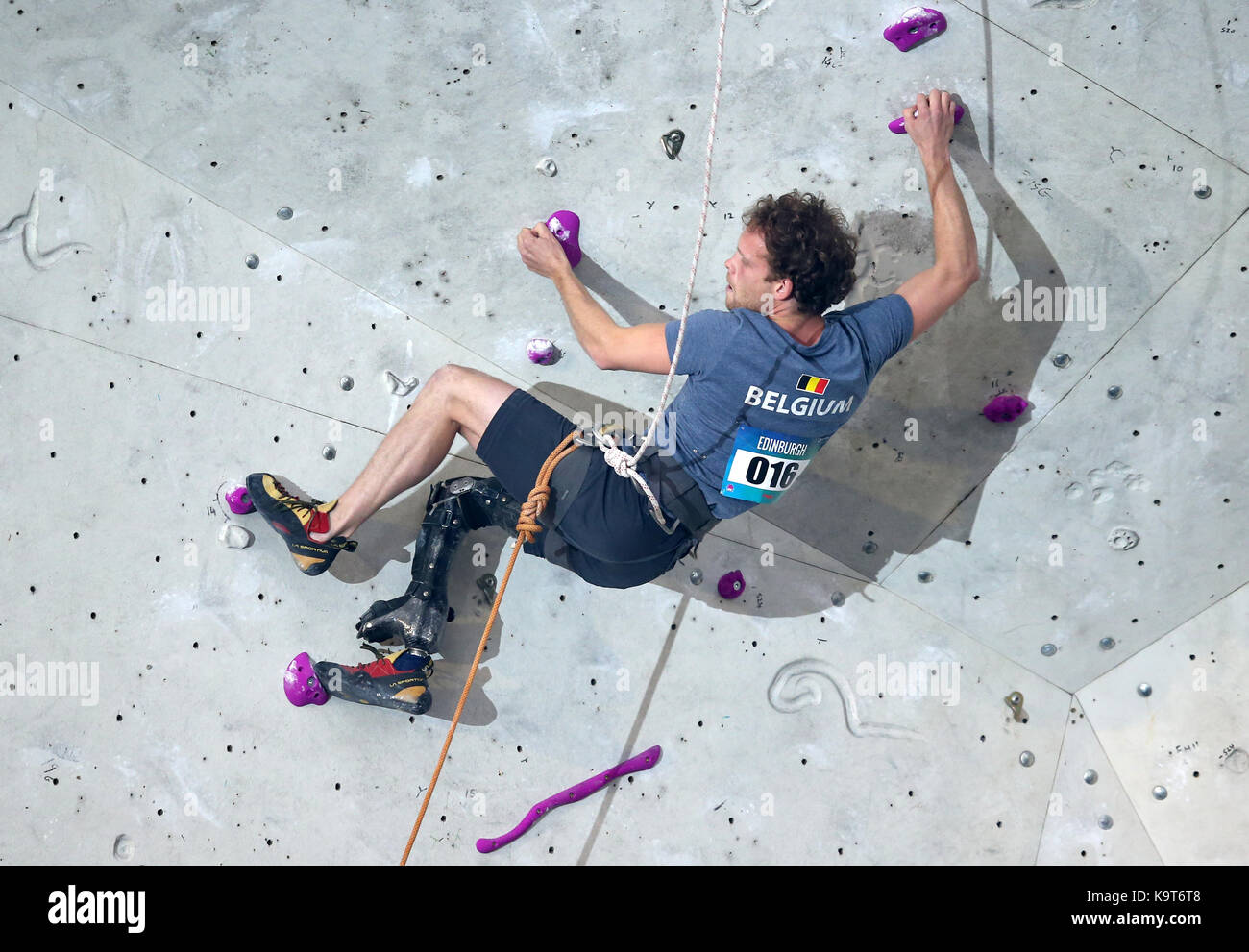 Belgium's Frederik Leys in the final of the Mens AL-2 (amputation lower) climb during the IFSC Climbing World Cup at the Edinburgh International Climbing Arena. Stock Photo