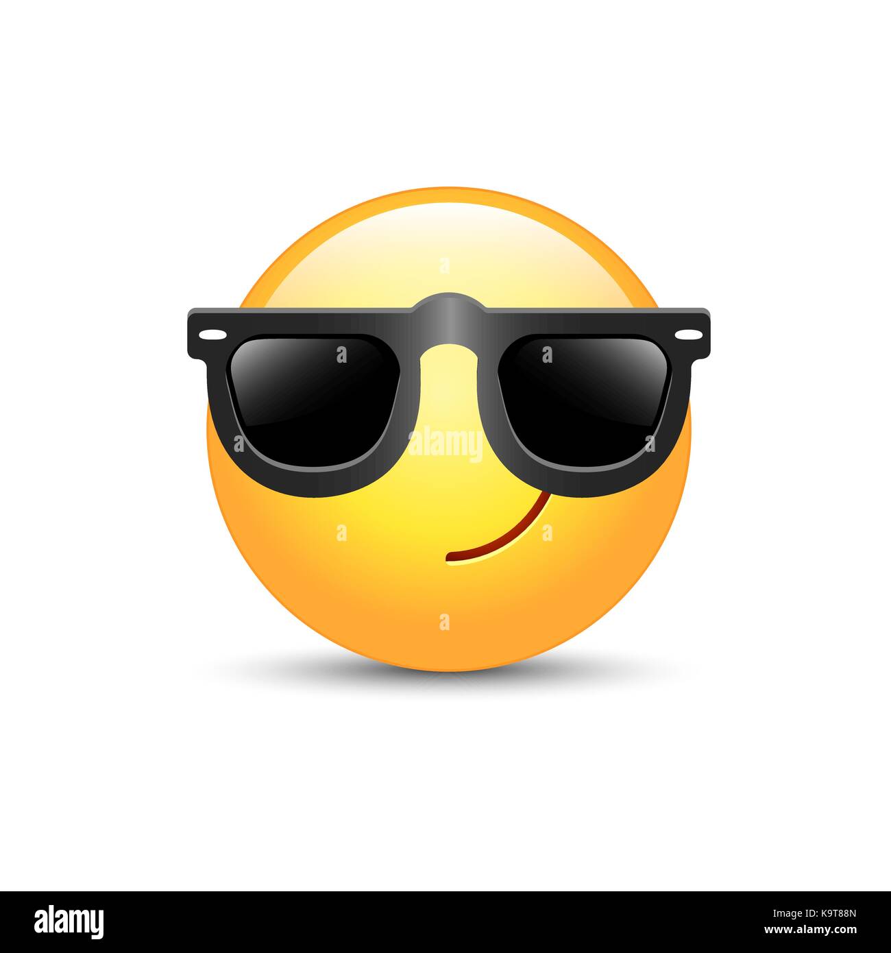 Cartoon emoticon wearing black sunglasses. Happy cute vector emoji. Smiley on glasses. Stock Vector