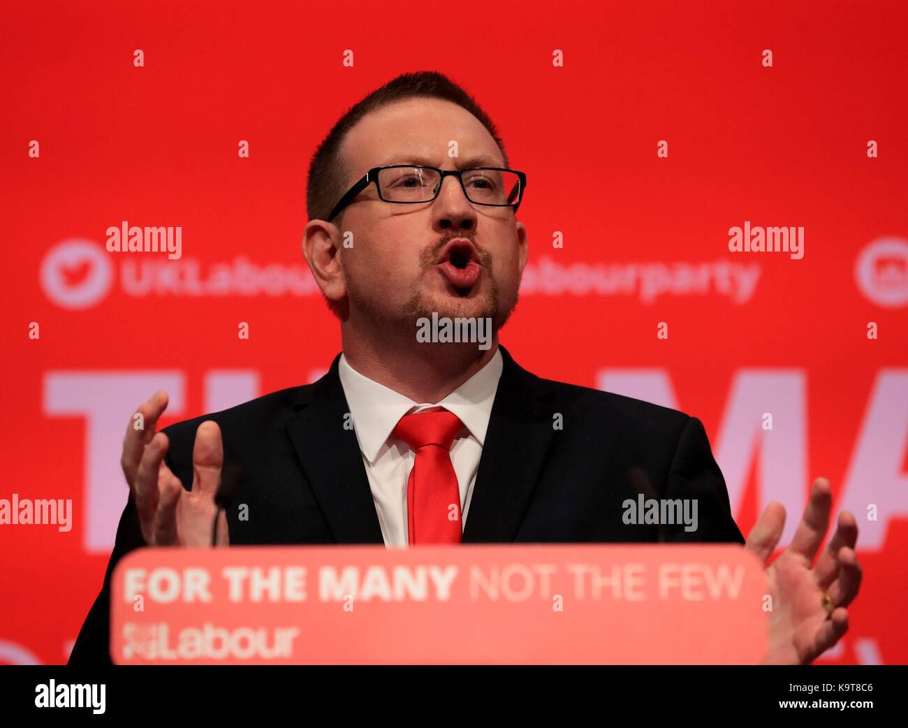 Shadow Secretary of State for Communities and Local Government, Andrew Gwynne, delivers a speech during the Labour Party conference in Brighton. Stock Photo