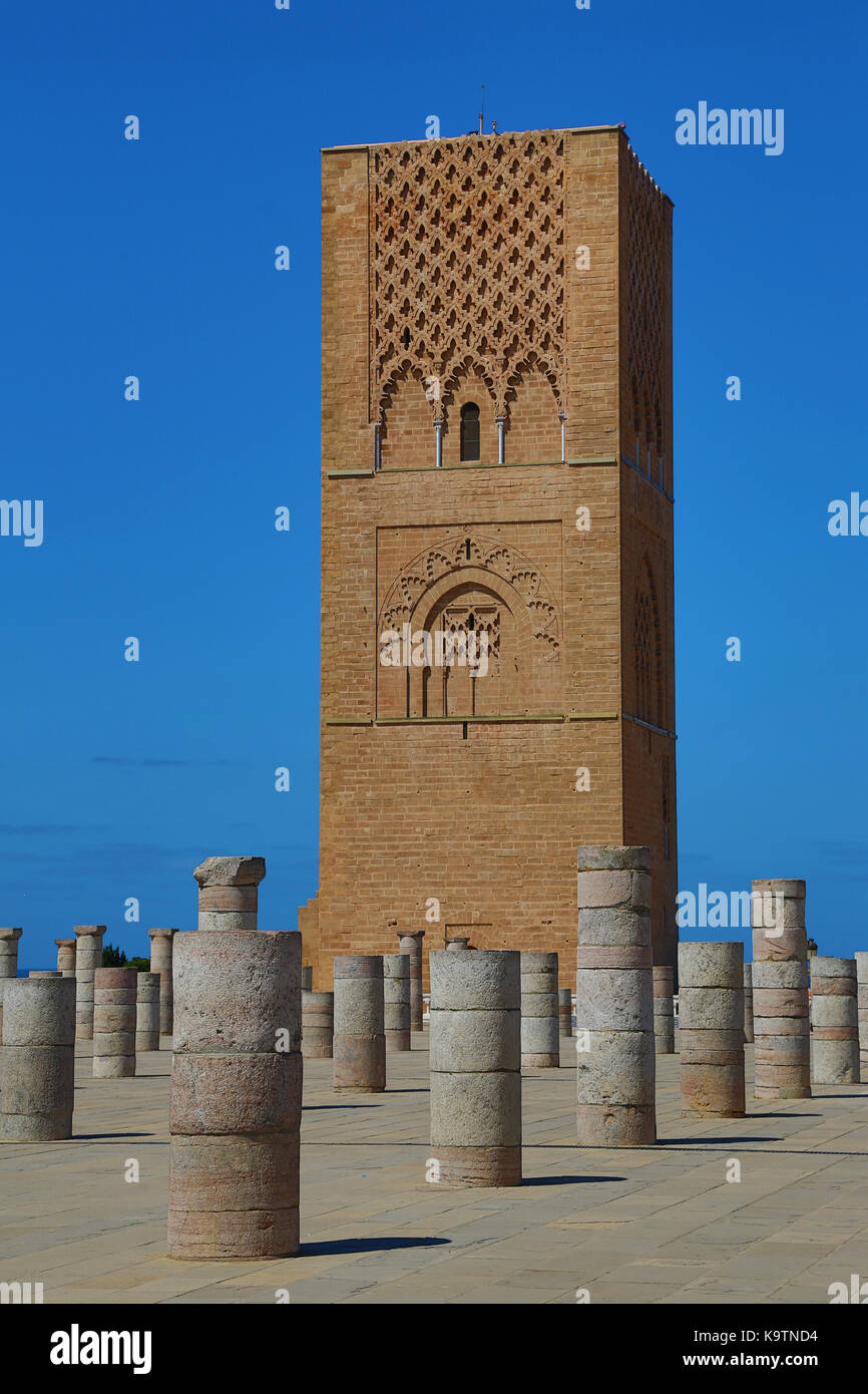 The unfinished Hassan Tower in Rabat, Morocco is an unfinished minaret of the mosque begun by Sultan Yaqub al-Mansur in the 12th entury but never fini Stock Photo