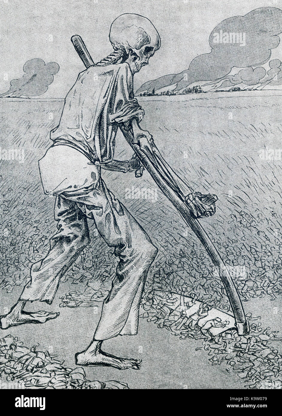 This illustration, a caricature, dates to 1917. It shows "Death" with a sickle, mowing down soldiers during World War I. Stock Photo