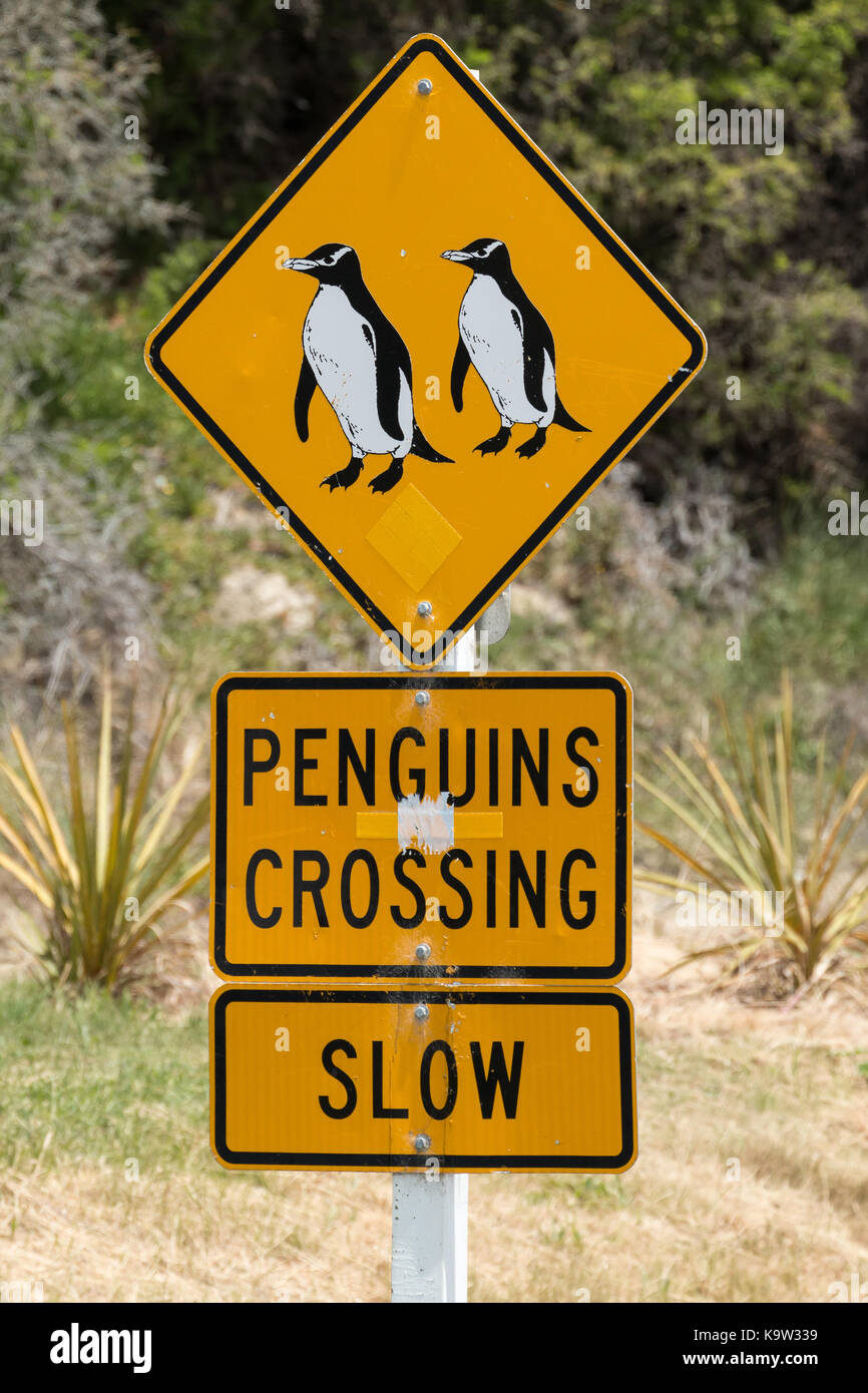Penguins crossing, a funny but serious road sign near Dunedin in New Zealand Stock Photo