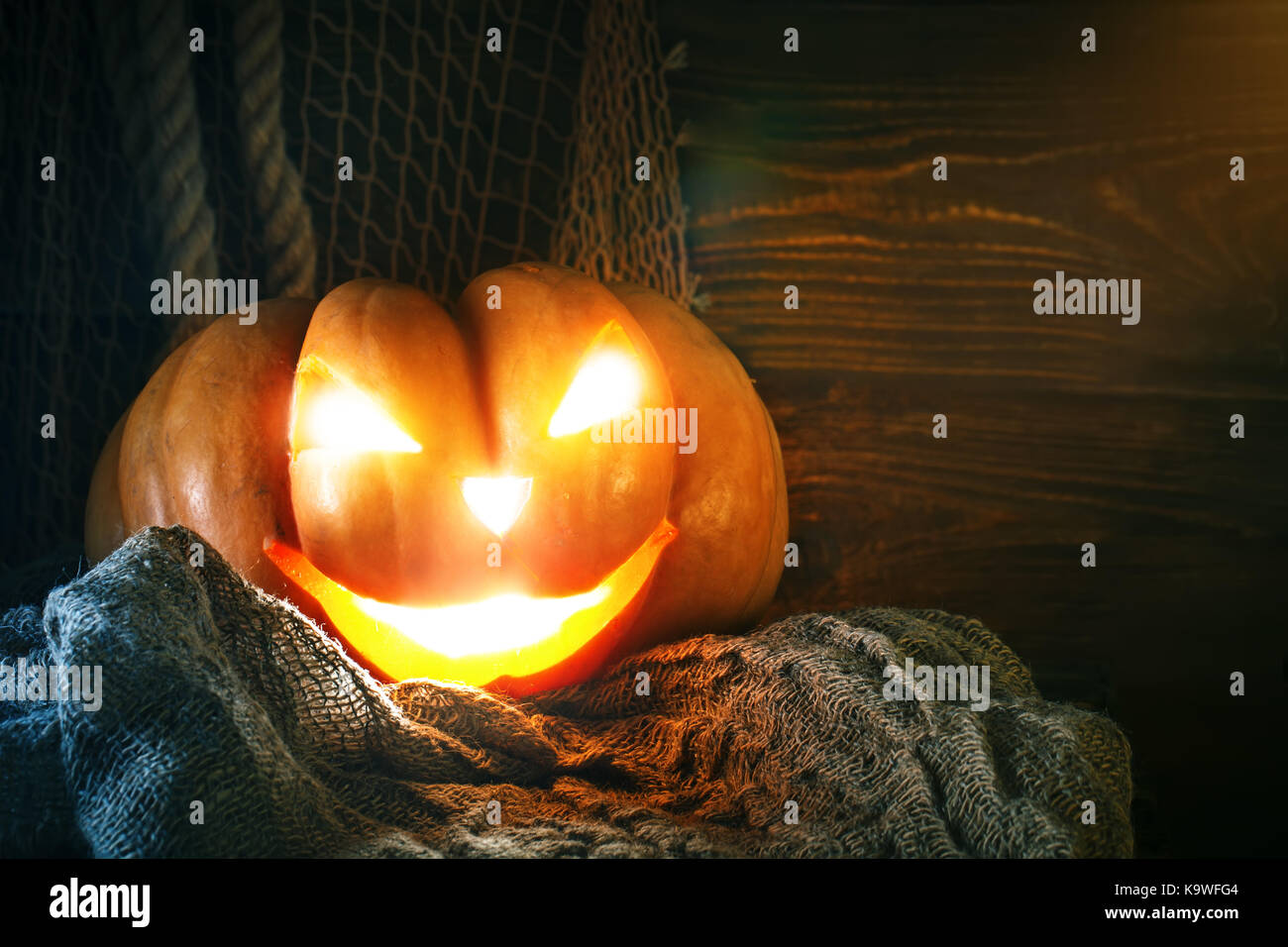 halloween pumpkins on a wooden table at night halloween stock image