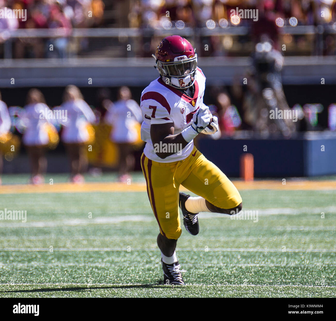 California Memorial Stadium. 23rd Sep, 2017. U.S.A. Trojans running back Stephen Carr (7) game stats 20 carries for 86 YDS and 1 TD during the NCAA Football game between USC Trojans and the California Golden Bears 30-20 win at California Memorial Stadium. Thurman James/CSM/Alamy Live News Stock Photo