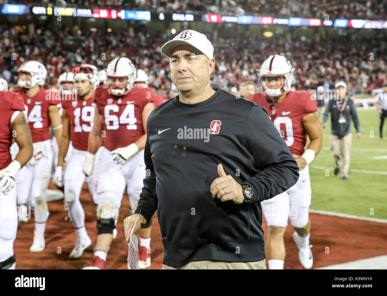 Stanford, United States. 23rd Sep, 2017. Stanford Cardinal special teams coordinator Pete Alamar runs off the field at halftime against the UCLA Bruins in a NCAA football game in Stanford, Calif. on Saturday, September 23, 2017. Stanford defeated UCLA 58-34. (Spencer Allen/Image of Sport) Photo via Credit: Newscom/Alamy Live News Stock Photo