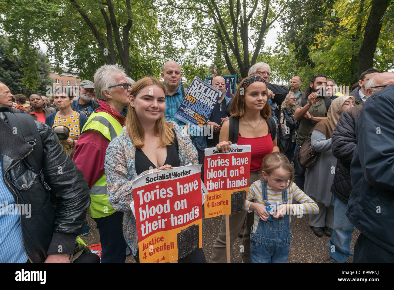 London, UK. 23rd Sep, 2017. London, UK. 23rd September 2017. Hundreds listen to speeches at the rally in Tottenham before marching to Finsbury Park against the so called Haringey Development Vehicle, under which Haringey Council is making a huge transfer of council housing to Australian multinational Lendlease. This will result in the imminent demolition of over 1,300 council homes on the Northumberland Park estate, followed by similar loss of social housing across the whole of the borough. At Â£2 billion, his is the largest giveaway of council housing and assets to a private corporation Stock Photo