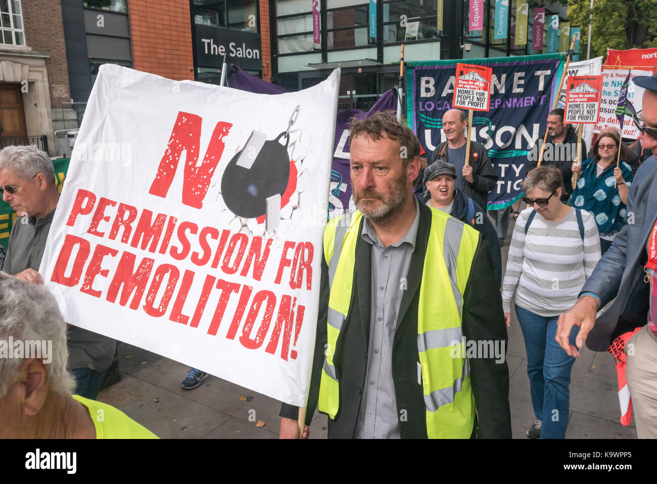 London, UK. 23rd Sep, 2017. London, UK. 23rd September 2017.'No Permission for Demolition!' staes one of the banners on the march in North London from a rally in Tottenham to Finsbury Park against the so called Haringey Development Vehicle, under which Haringey Council is making a huge transfer of council housing to Australian multinational Lendlease. This will result in the imminent demolition of over 1,300 council homes on the Northumberland Park estate, followed by similar loss of social housing across the whole of the borough. At Â£2 billion, his is the largest giveaway of council ho Stock Photo