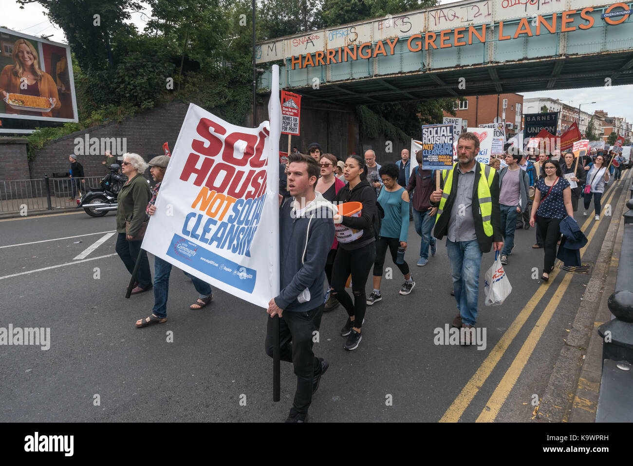 London, UK. 23rd Sep, 2017. London, UK. 23rd September 2017. Hundreds march in North London from a rally in Tottenham to Finsbury Park against the so called Haringey Development Vehicle, under which Haringey Council is making a huge transfer of council housing to Australian multinational Lendlease. This will result in the imminent demolition of over 1,300 council homes on the Northumberland Park estate, followed by similar loss of social housing across the whole of the borough. At Â£2 billion, his is the largest giveaway of council housing and assets to a private corporation yet in the U Stock Photo