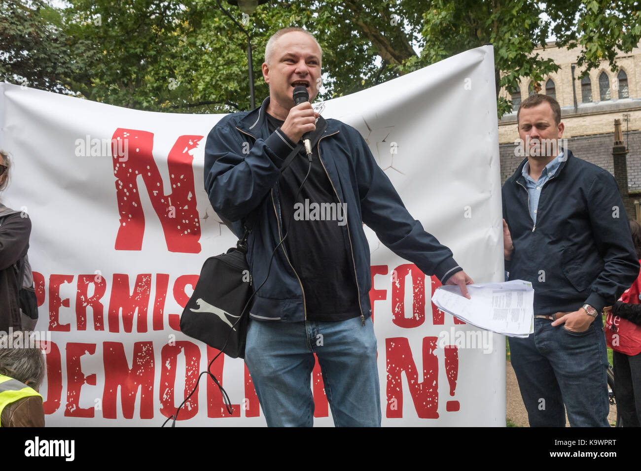 London, UK. 23rd Sep, 2017. London, UK. 23rd September 2017. A resident from Broadwater Farm, which after getting a bad repuation has become one of the most popular and safest council estates in Lodnon speaks at the rally in Tottenham before the march to Finsbury Park against the so called Haringey Development Vehicle, under which Haringey Council is making a huge transfer of council housing to Australian multinational Lendlease, who will demolish the estate. This will result in the imminent demolition of over 1,300 council homes on the Northumberland Park estate, followed by similar los Stock Photo