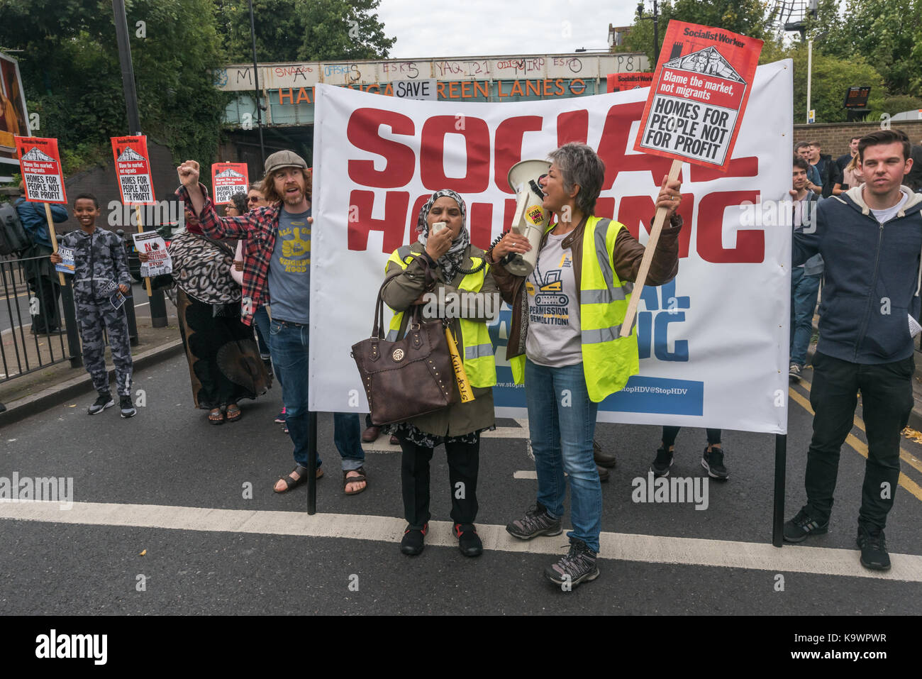 London, UK. 23rd Sep, 2017. London, UK. 23rd September 2017. Hundreds march in North London from a rally in Tottenham to Finsbury Park against the so called Haringey Development Vehicle, under which Haringey Council is making a huge transfer of council housing to Australian multinational Lendlease. This will result in the imminent demolition of over 1,300 council homes on the Northumberland Park estate, followed by similar loss of social housing across the whole of the borough. At Â£2 billion, his is the largest giveaway of council housing and assets to a private corporation yet in the U Stock Photo