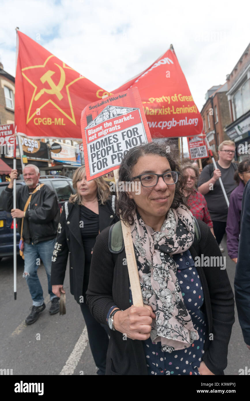 London, UK. 23rd Sep, 2017. London, UK. 23rd September 2017. Tanya Murat of Southwark Defend Council Housing on the march from a rally in Tottenham to Finsbury Park against the so called Haringey Development Vehicle, under which Haringey Council is making a huge transfer of council housing to Australian multinational Lendlease. This will result in the imminent demolition of over 1,300 council homes on the Northumberland Park estate, followed by similar loss of social housing across the whole of the borough. At Â£2 billion, his is the largest giveaway of council housing and assets to a pr Stock Photo