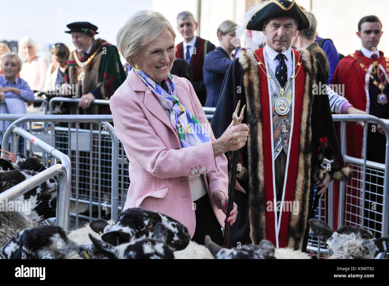 London, UK.  24 September 2017.  Mary Berry, celebrity TV baker and chef, leads the annual Sheep Drive of the Worshipful Company of Woolmen across London Bridge ahead of being made a Freeman of the City of London.  The event raises funds for the Lord Mayor's Appeal and the Woolmen's Charitable Trust. Credit: Stephen Chung / Alamy Live News Stock Photo